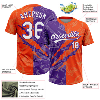 Custom Graffiti Pattern White Orange-Purple 3D Scratch Two-Button Unisex Softball Jersey