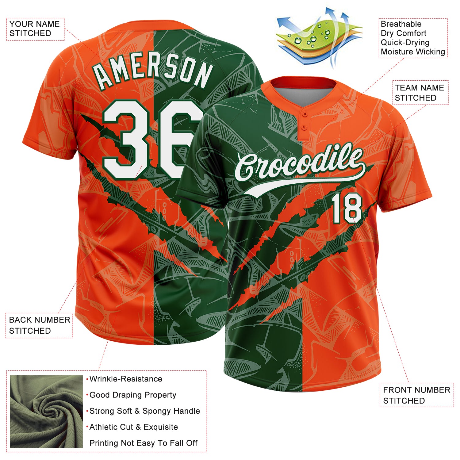 Custom Graffiti Pattern White Orange-Green 3D Scratch Two-Button Unisex Softball Jersey