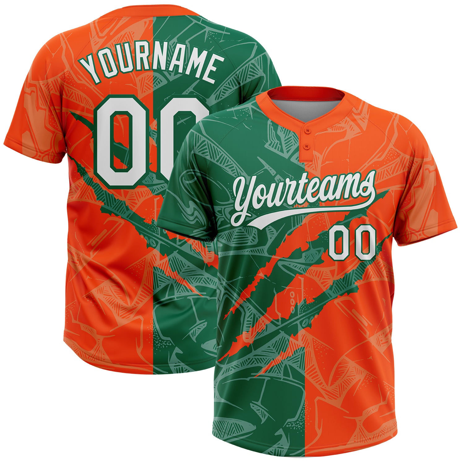 Custom Graffiti Pattern White Orange-Kelly Green 3D Scratch Two-Button Unisex Softball Jersey