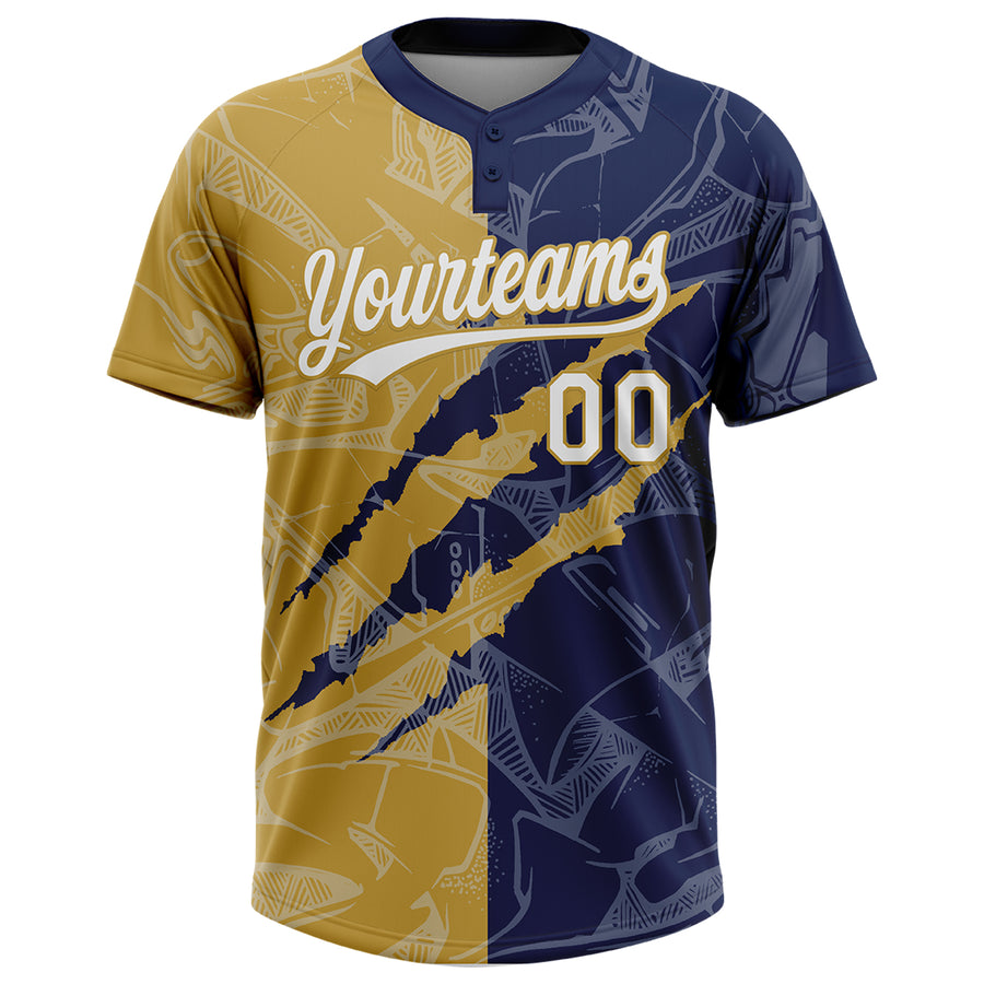 Custom Graffiti Pattern White Navy-Old Gold 3D Scratch Two-Button Unisex Softball Jersey
