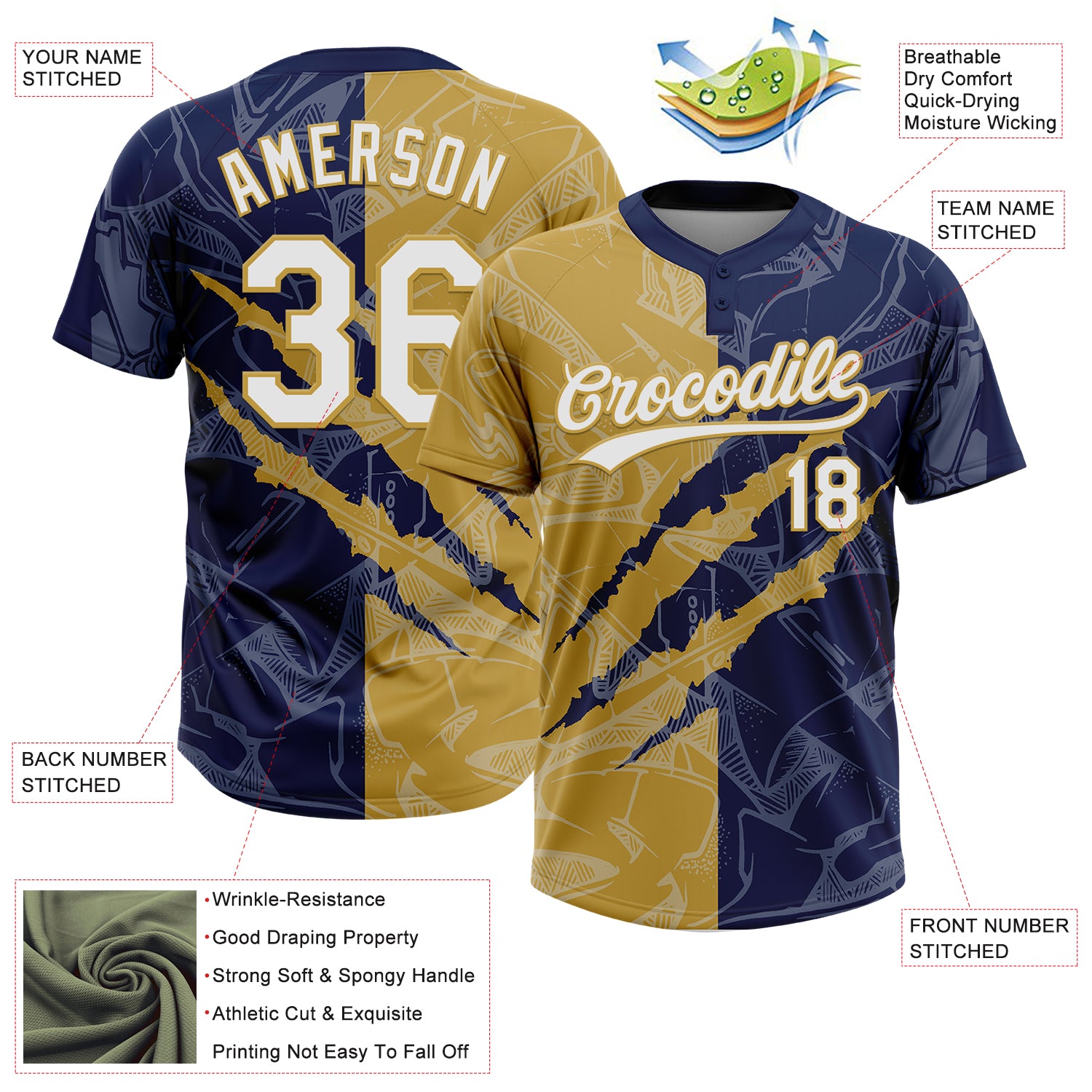 Custom Graffiti Pattern White Navy-Old Gold 3D Scratch Two-Button Unisex Softball Jersey