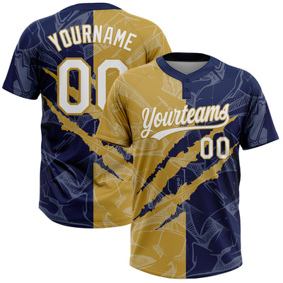 Custom Graffiti Pattern White Navy-Old Gold 3D Scratch Two-Button Unisex Softball Jersey