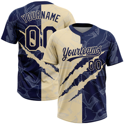 Custom Graffiti Pattern Navy-Cream 3D Scratch Two-Button Unisex Softball Jersey