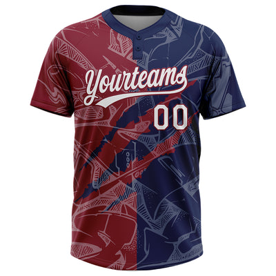 Custom Graffiti Pattern White Navy-Crimson 3D Scratch Two-Button Unisex Softball Jersey