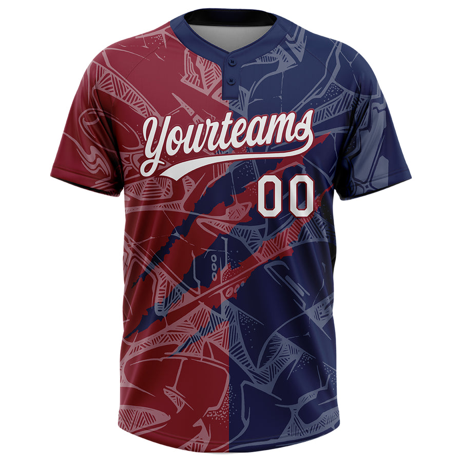 Custom Graffiti Pattern White Navy-Crimson 3D Scratch Two-Button Unisex Softball Jersey