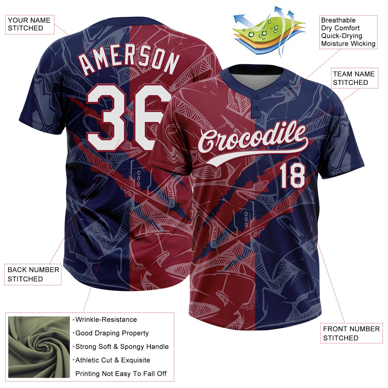 Custom Graffiti Pattern White Navy-Crimson 3D Scratch Two-Button Unisex Softball Jersey