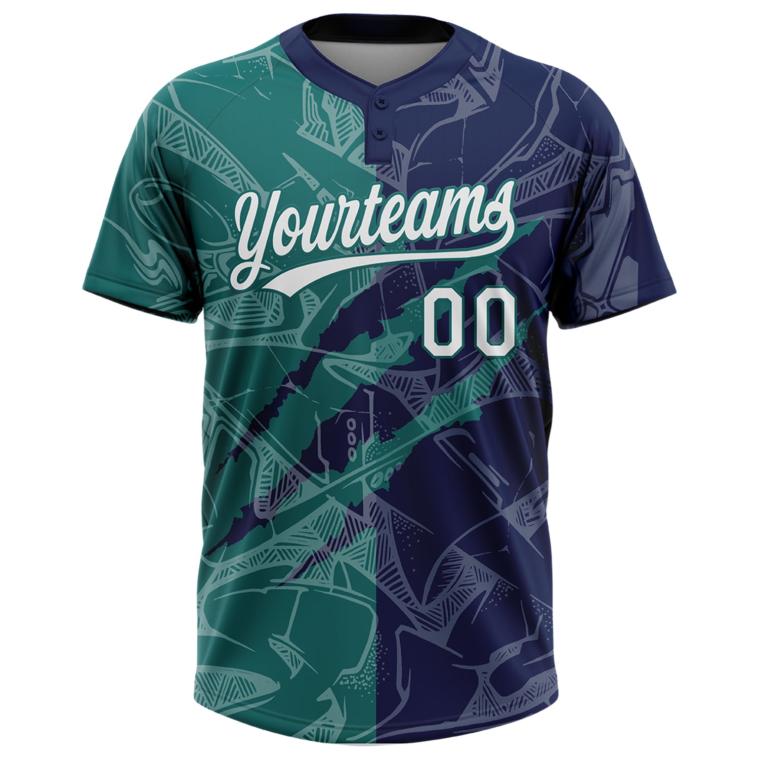 Custom Graffiti Pattern White Navy-Teal 3D Scratch Two-Button Unisex Softball Jersey