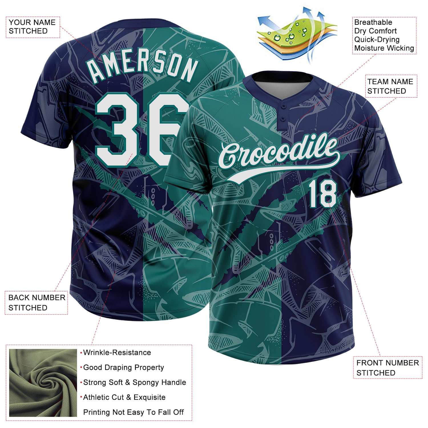 Custom Graffiti Pattern White Navy-Teal 3D Scratch Two-Button Unisex Softball Jersey