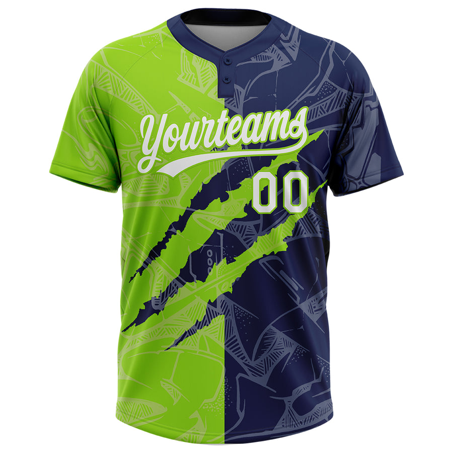 Custom Graffiti Pattern White Navy-Neon Green 3D Scratch Two-Button Unisex Softball Jersey