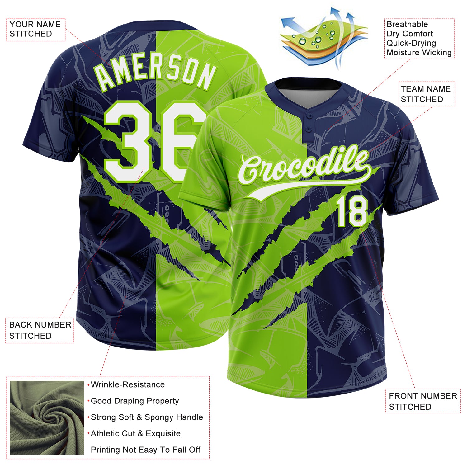 Custom Graffiti Pattern White Navy-Neon Green 3D Scratch Two-Button Unisex Softball Jersey