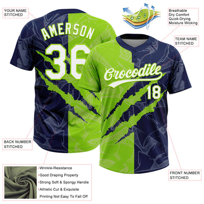 Custom Graffiti Pattern White Navy-Neon Green 3D Scratch Two-Button Unisex Softball Jersey