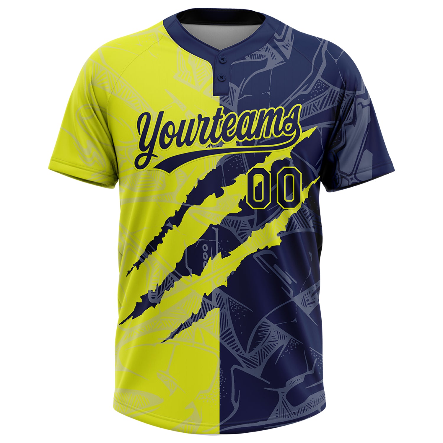 Custom Graffiti Pattern Navy-Neon Yellow 3D Scratch Two-Button Unisex Softball Jersey