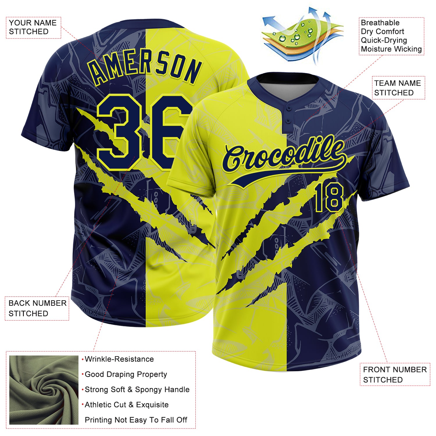 Custom Graffiti Pattern Navy-Neon Yellow 3D Scratch Two-Button Unisex Softball Jersey