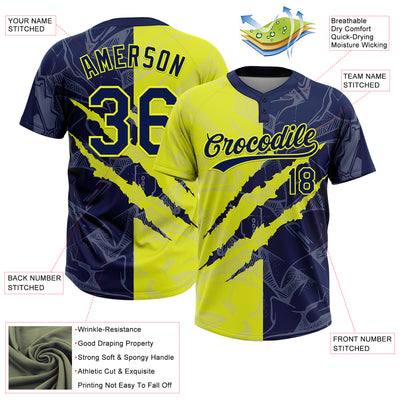 Custom Graffiti Pattern Navy-Neon Yellow 3D Scratch Two-Button Unisex Softball Jersey