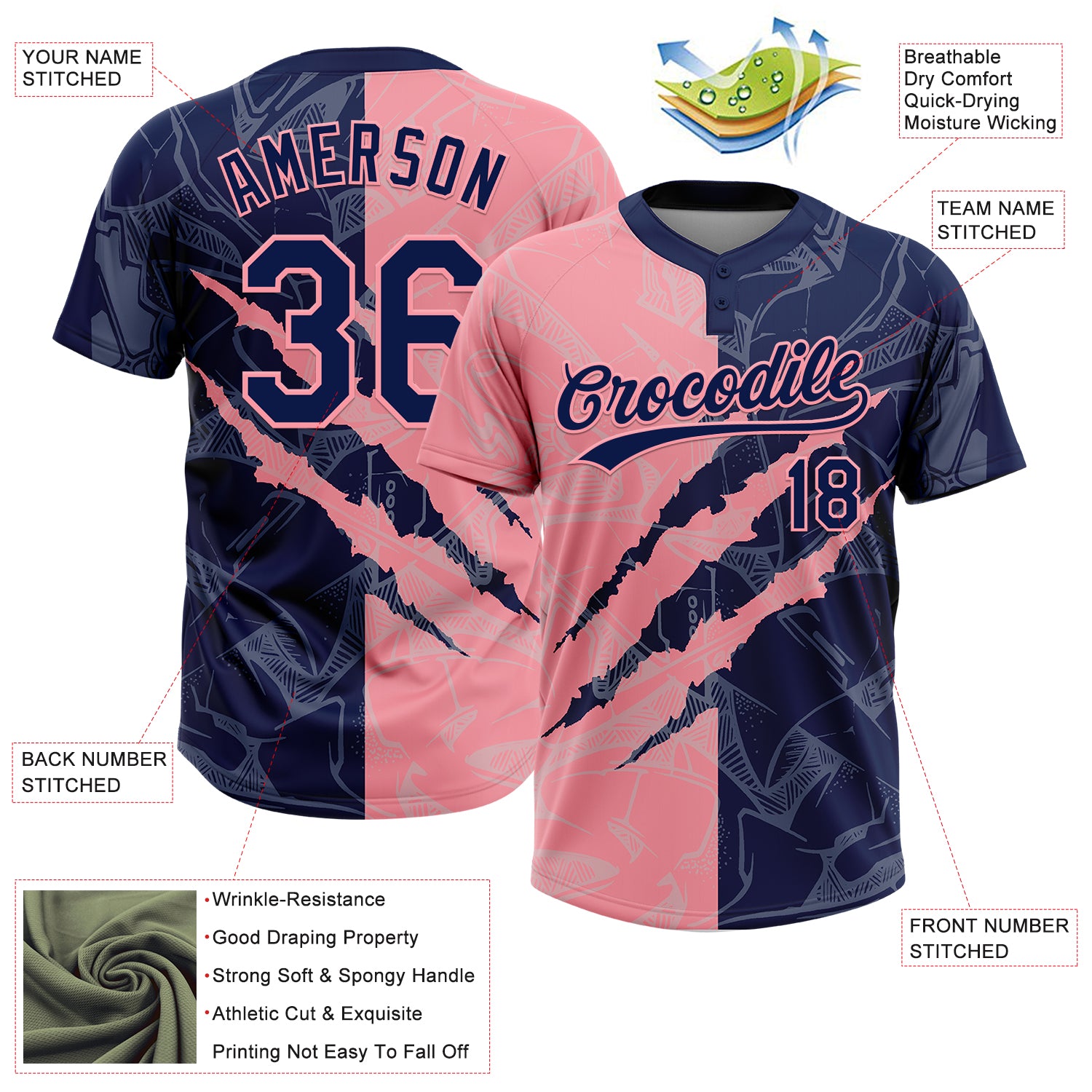 Custom Graffiti Pattern Navy-Medium Pink 3D Scratch Two-Button Unisex Softball Jersey