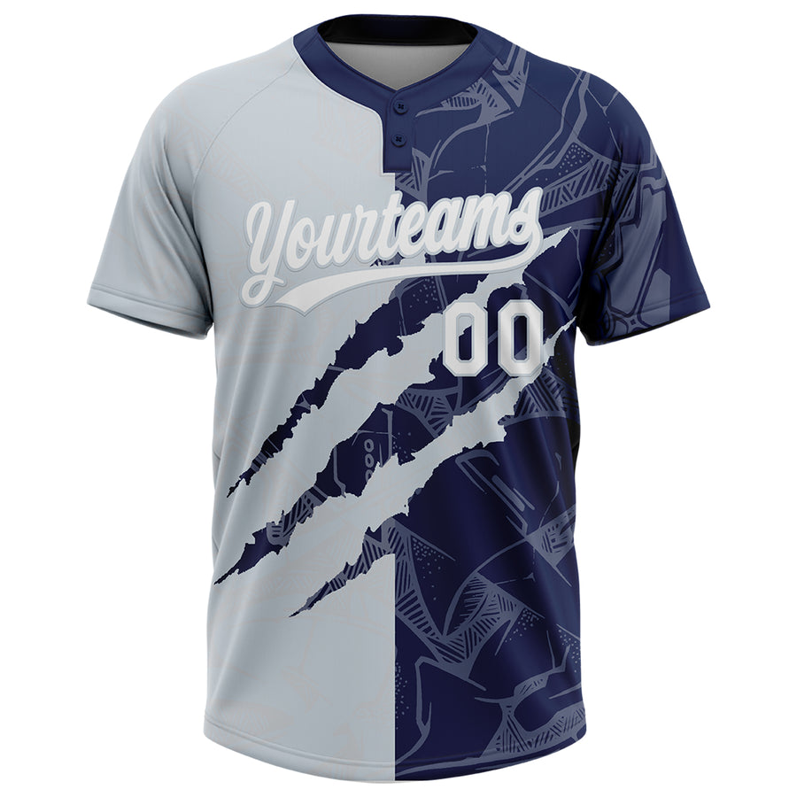 Custom Graffiti Pattern White Navy-Silver 3D Scratch Two-Button Unisex Softball Jersey