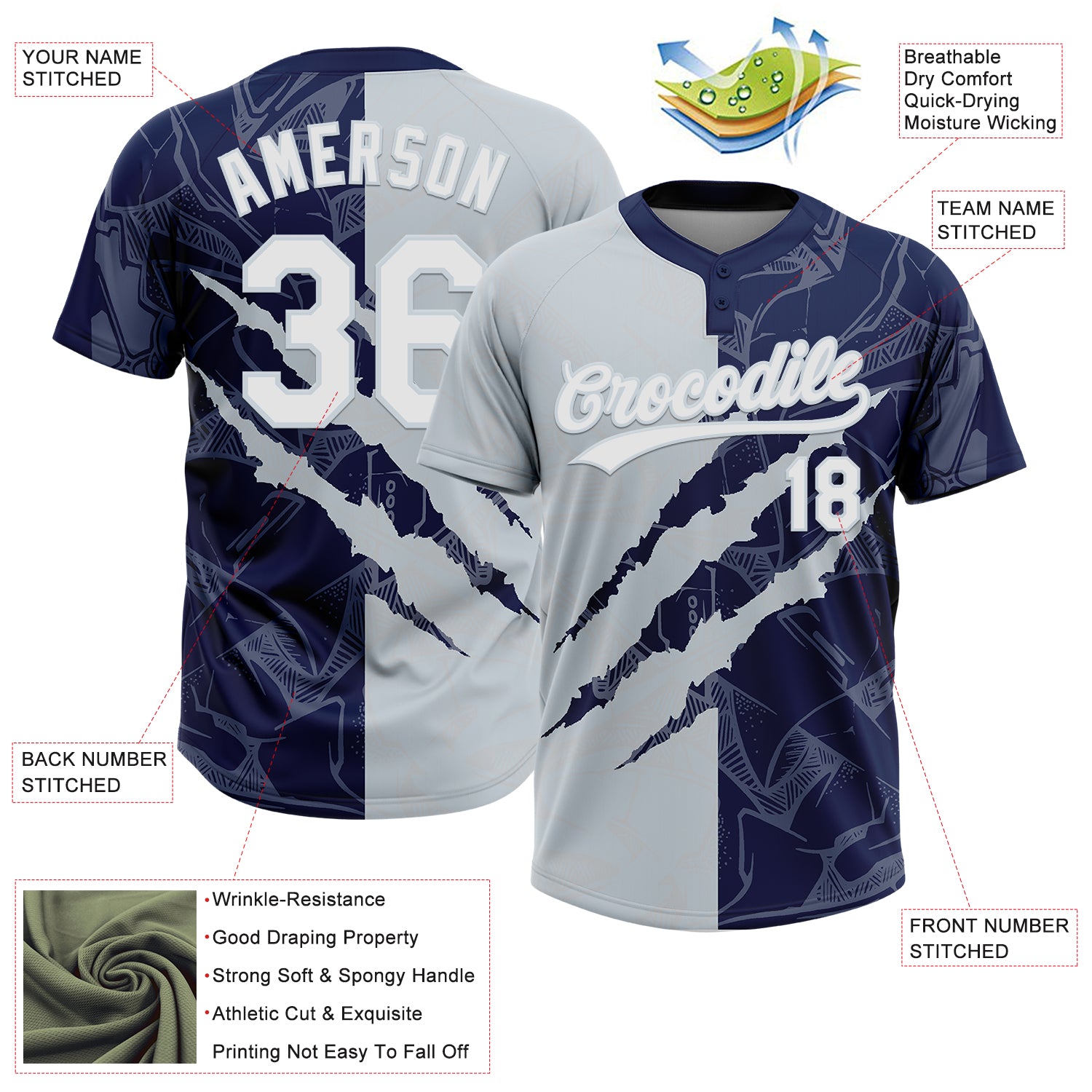 Custom Graffiti Pattern White Navy-Silver 3D Scratch Two-Button Unisex Softball Jersey