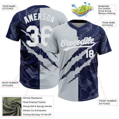 Custom Graffiti Pattern White Navy-Silver 3D Scratch Two-Button Unisex Softball Jersey