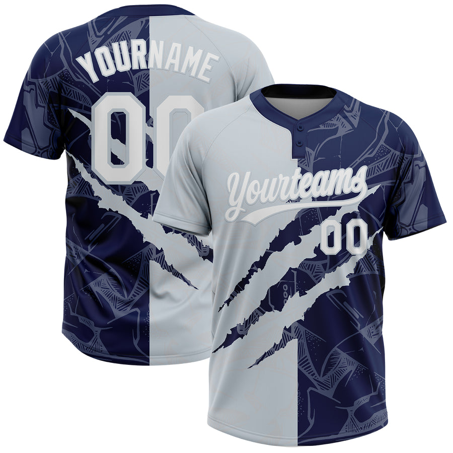 Custom Graffiti Pattern White Navy-Silver 3D Scratch Two-Button Unisex Softball Jersey