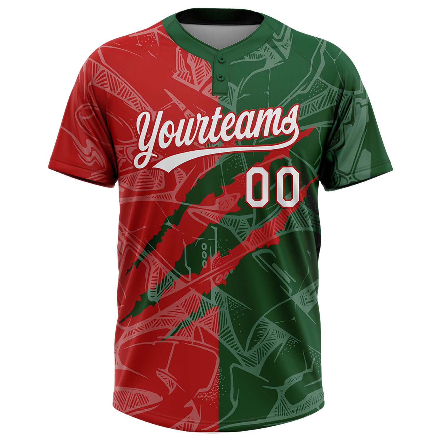 Custom Graffiti Pattern White Green-Red 3D Scratch Two-Button Unisex Softball Jersey