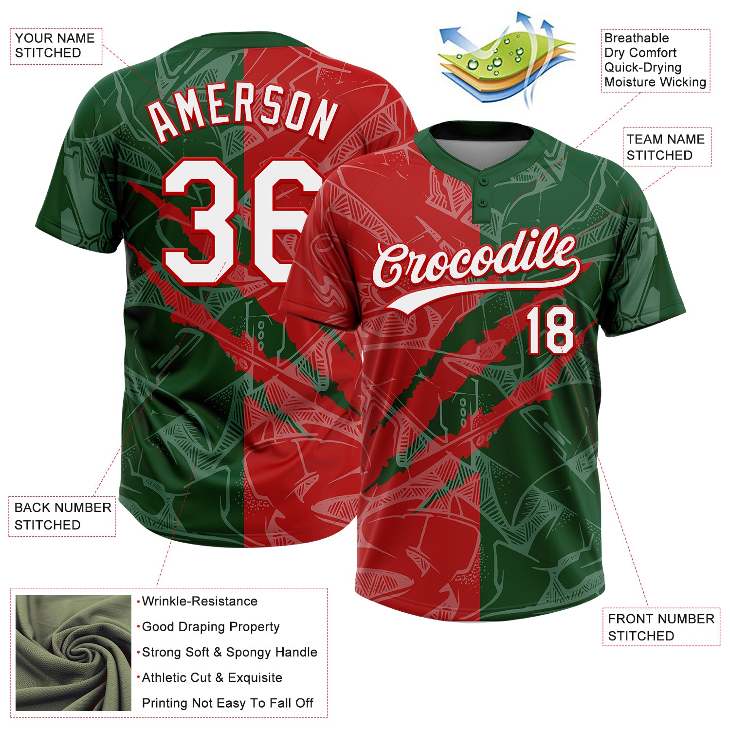 Custom Graffiti Pattern White Green-Red 3D Scratch Two-Button Unisex Softball Jersey