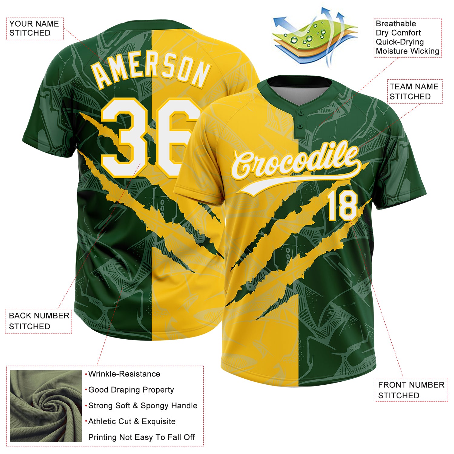 Custom Graffiti Pattern White Green-Yellow 3D Scratch Two-Button Unisex Softball Jersey