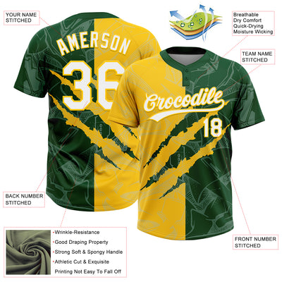 Custom Graffiti Pattern White Green-Yellow 3D Scratch Two-Button Unisex Softball Jersey