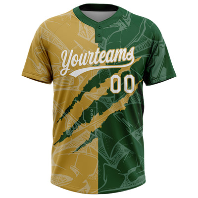Custom Graffiti Pattern White Green-Old Gold 3D Scratch Two-Button Unisex Softball Jersey