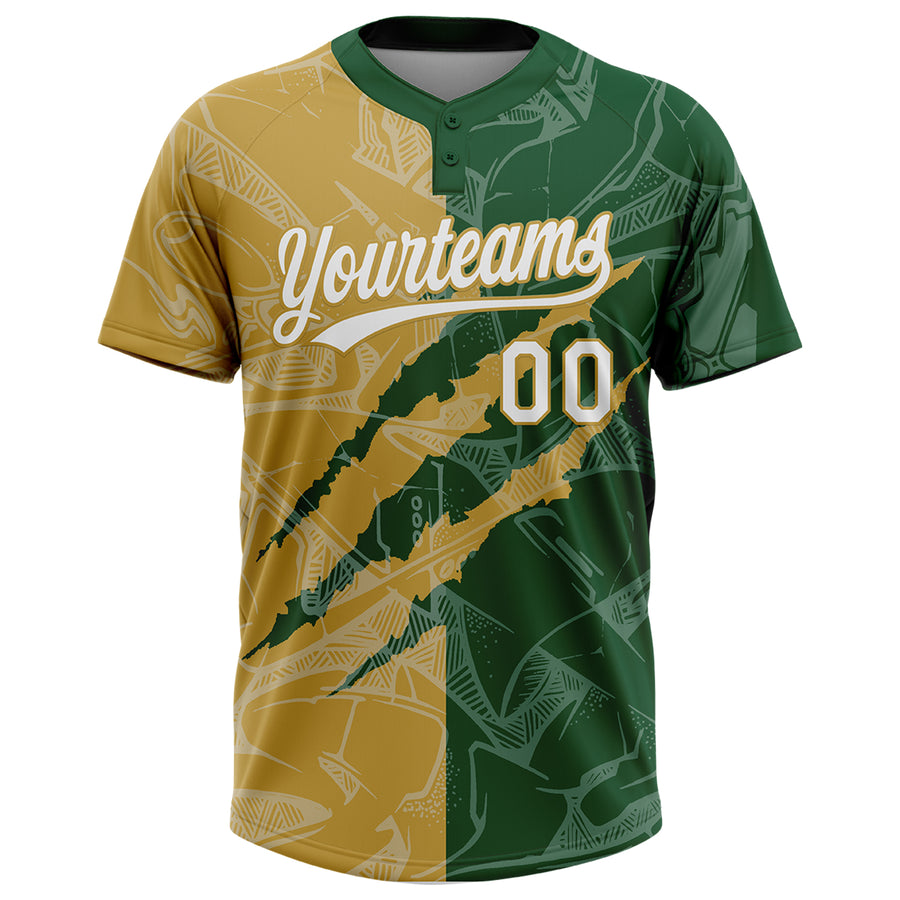 Custom Graffiti Pattern White Green-Old Gold 3D Scratch Two-Button Unisex Softball Jersey