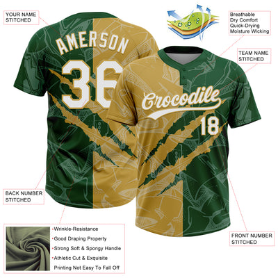 Custom Graffiti Pattern White Green-Old Gold 3D Scratch Two-Button Unisex Softball Jersey