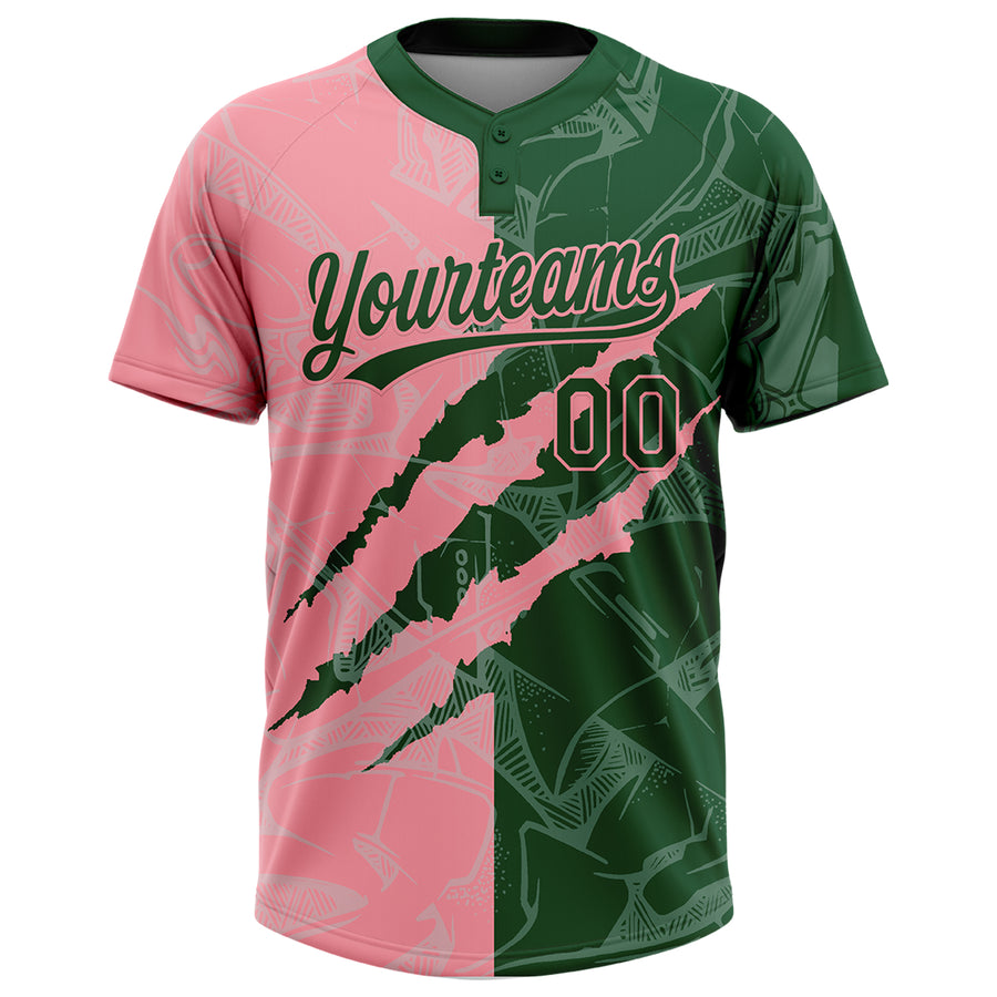 Custom Graffiti Pattern Green-Medium Pink 3D Scratch Two-Button Unisex Softball Jersey