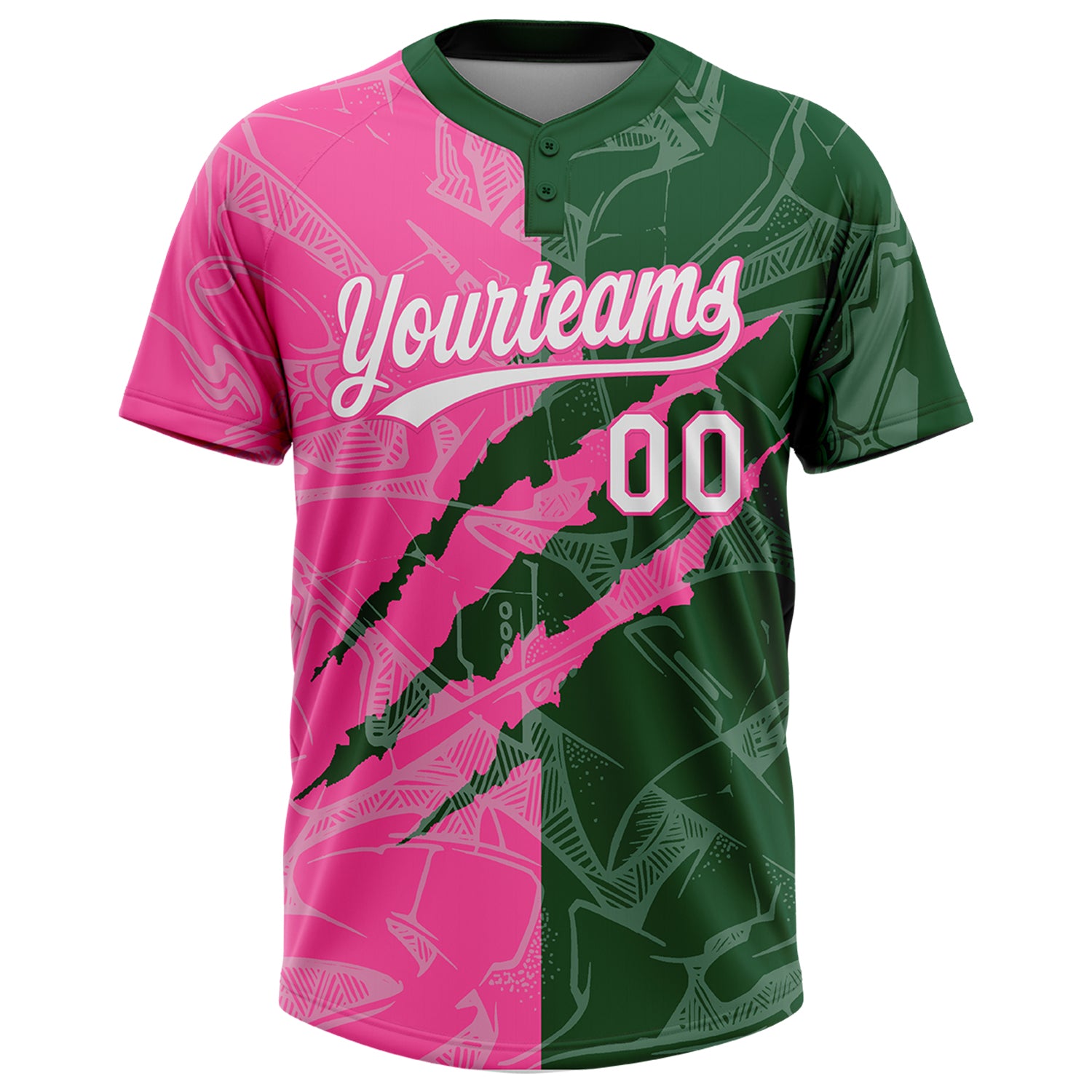 Custom Graffiti Pattern White Green-Pink 3D Scratch Two-Button Unisex Softball Jersey