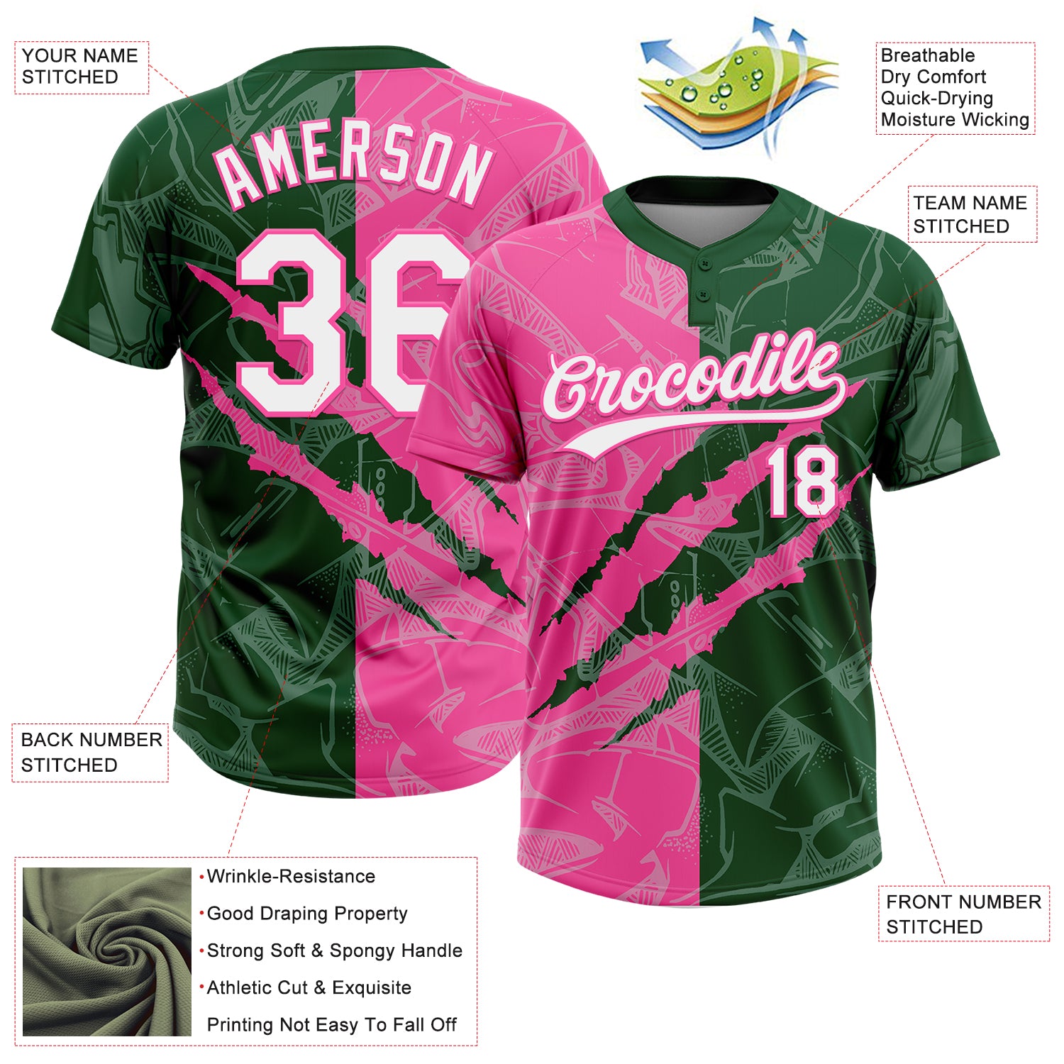 Custom Graffiti Pattern White Green-Pink 3D Scratch Two-Button Unisex Softball Jersey