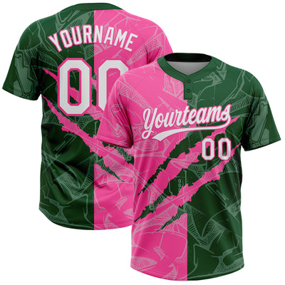Custom Graffiti Pattern White Green-Pink 3D Scratch Two-Button Unisex Softball Jersey