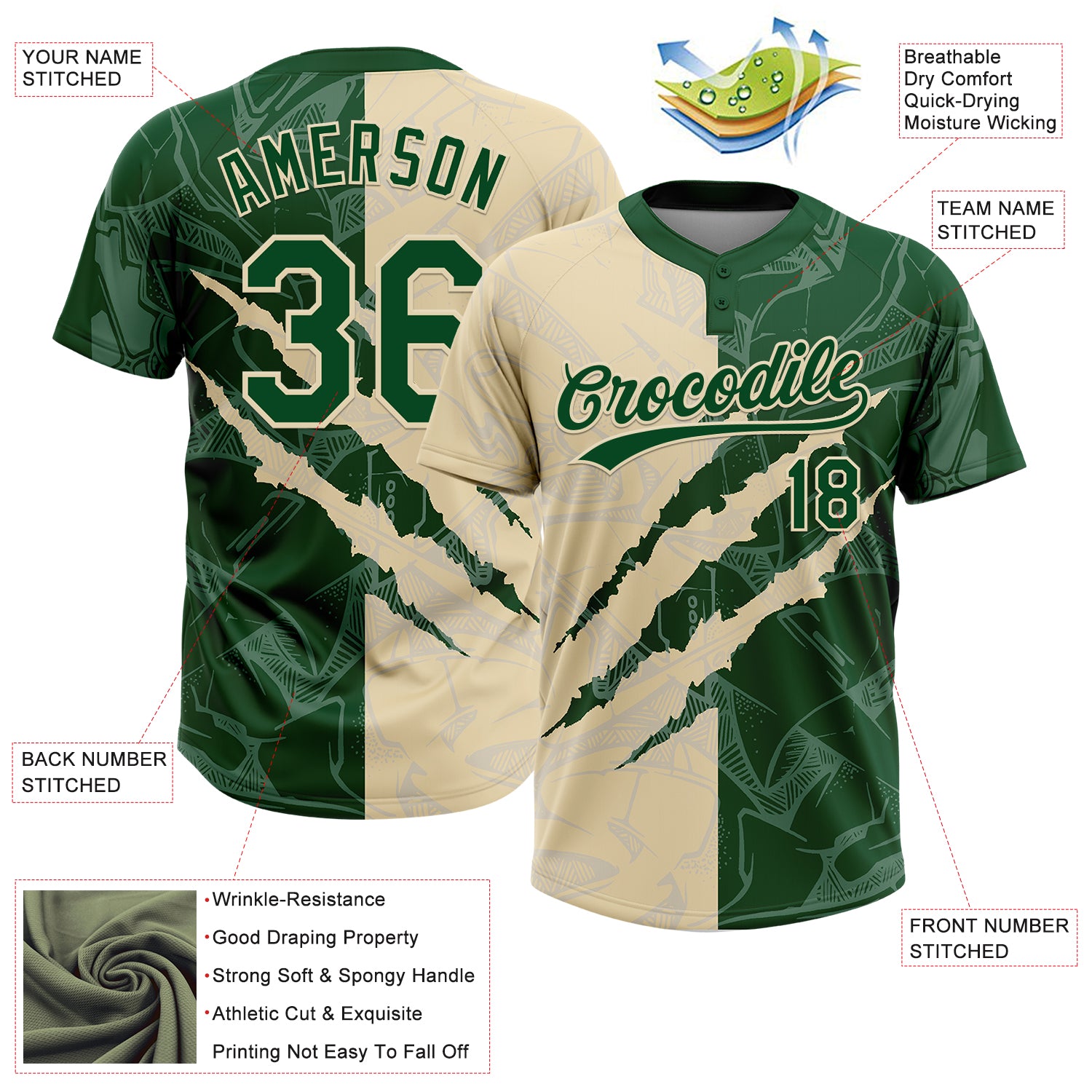 Custom Graffiti Pattern Green-Cream 3D Scratch Two-Button Unisex Softball Jersey