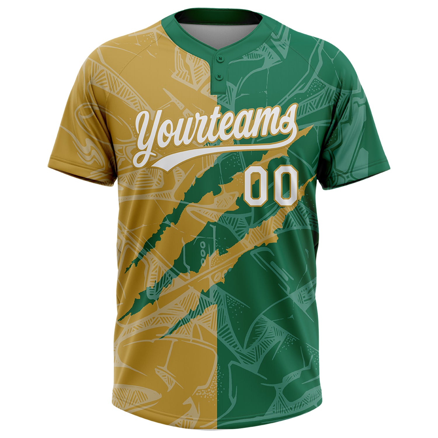 Custom Graffiti Pattern White Kelly Green-Old Gold 3D Scratch Two-Button Unisex Softball Jersey