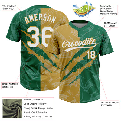Custom Graffiti Pattern White Kelly Green-Old Gold 3D Scratch Two-Button Unisex Softball Jersey