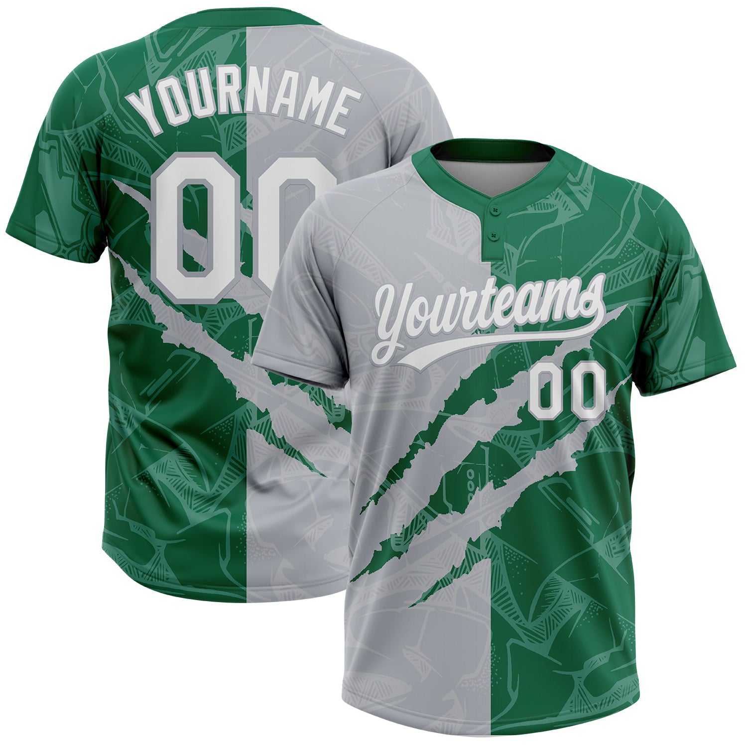 Custom Graffiti Pattern White Kelly Green-Gray 3D Scratch Two-Button Unisex Softball Jersey