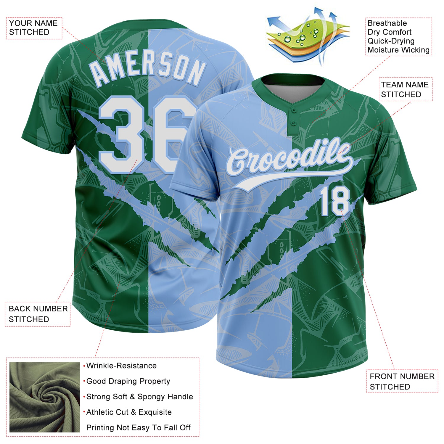 Custom Graffiti Pattern White Kelly Green-Light Blue 3D Scratch Two-Button Unisex Softball Jersey