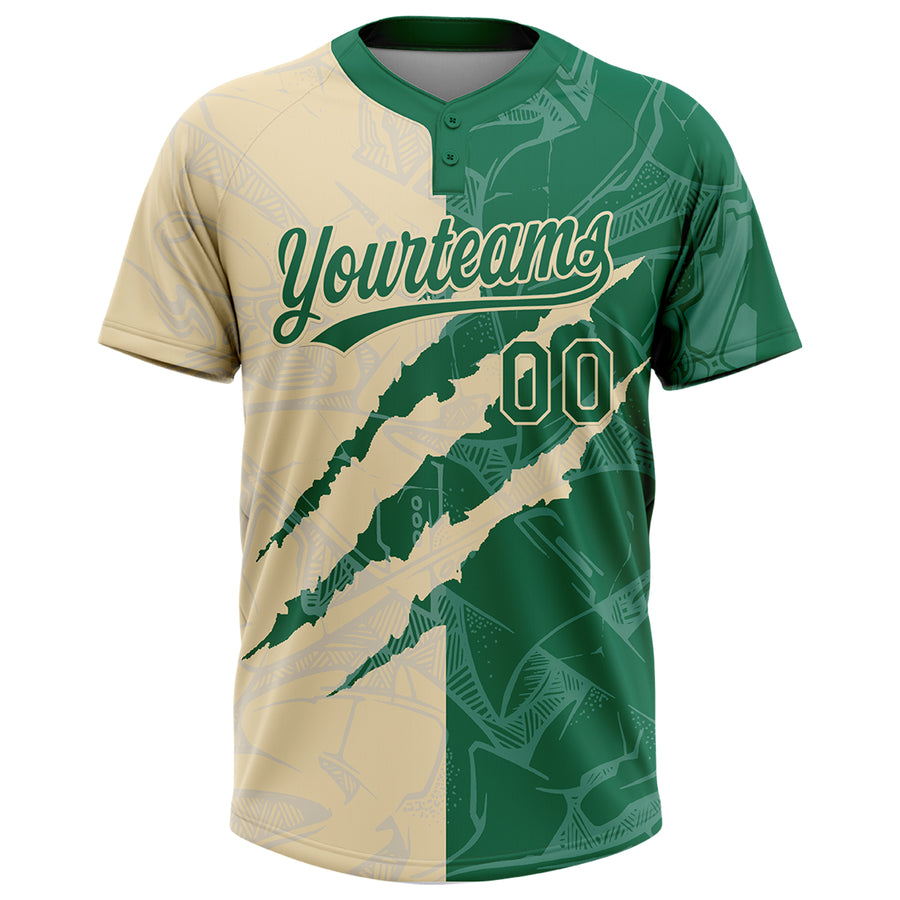 Custom Graffiti Pattern Kelly Green-Cream 3D Scratch Two-Button Unisex Softball Jersey