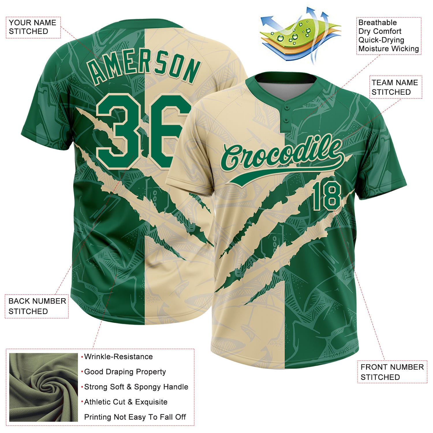 Custom Graffiti Pattern Kelly Green-Cream 3D Scratch Two-Button Unisex Softball Jersey
