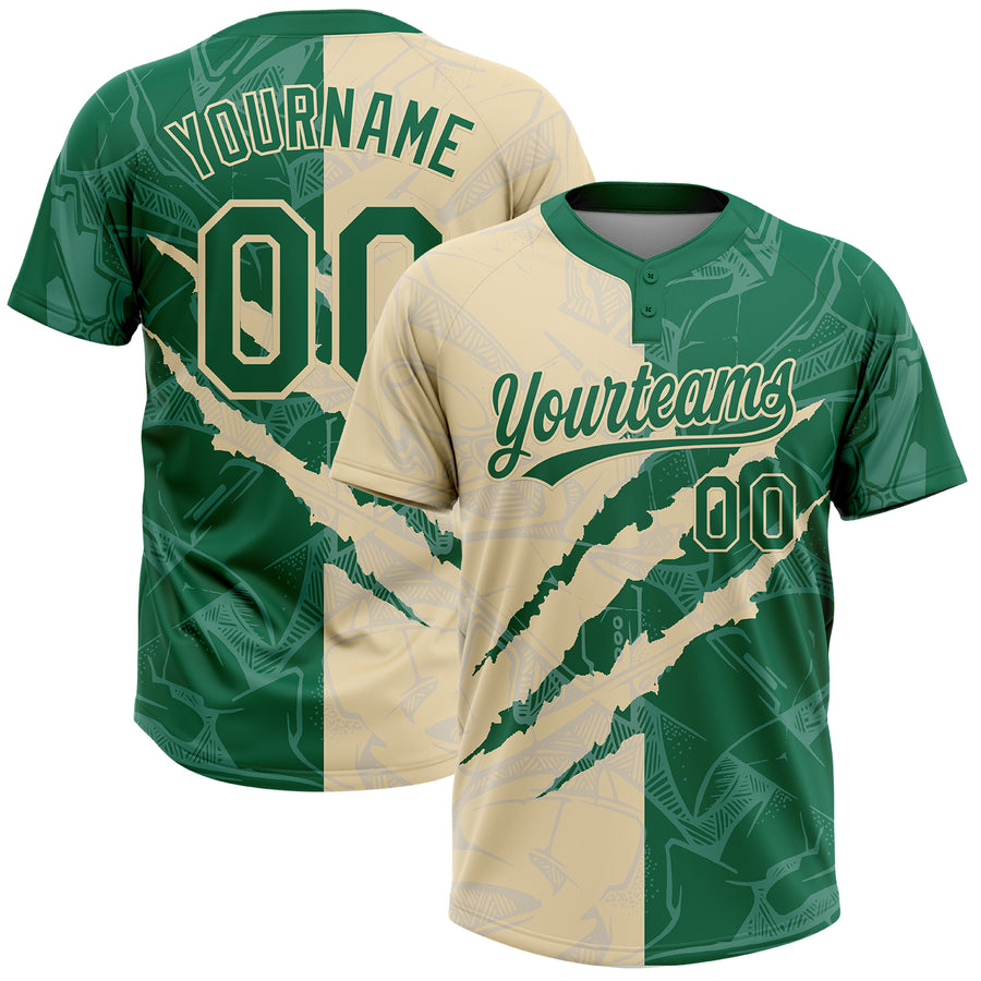Custom Graffiti Pattern Kelly Green-Cream 3D Scratch Two-Button Unisex Softball Jersey