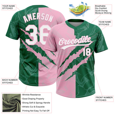 Custom Graffiti Pattern White Kelly Green-Light Pink 3D Scratch Two-Button Unisex Softball Jersey