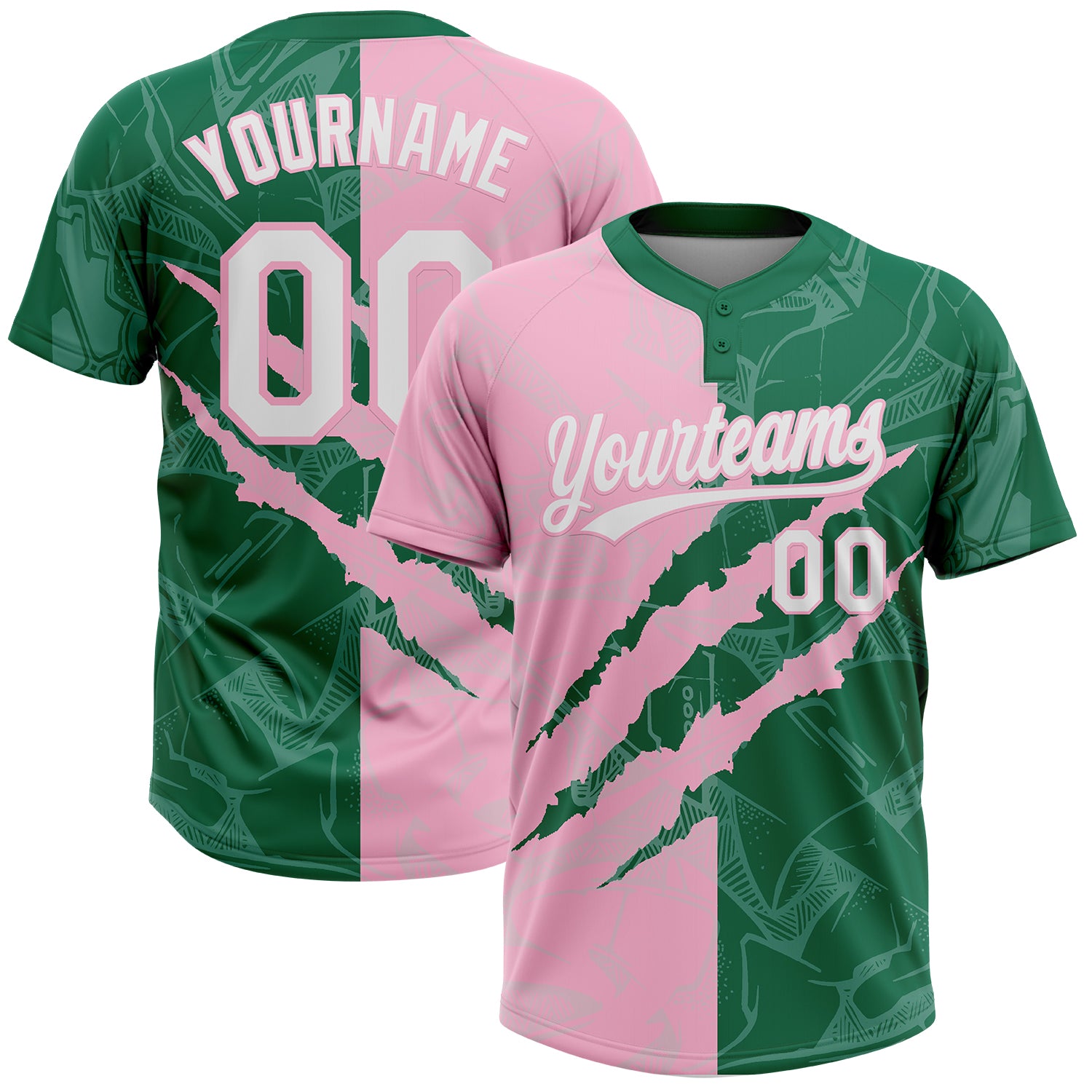 Custom Graffiti Pattern White Kelly Green-Light Pink 3D Scratch Two-Button Unisex Softball Jersey