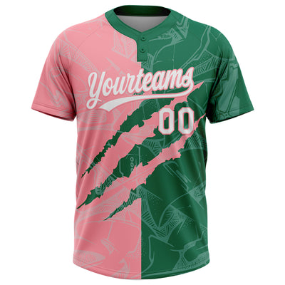 Custom Graffiti Pattern White Kelly Green-Medium Pink 3D Scratch Two-Button Unisex Softball Jersey
