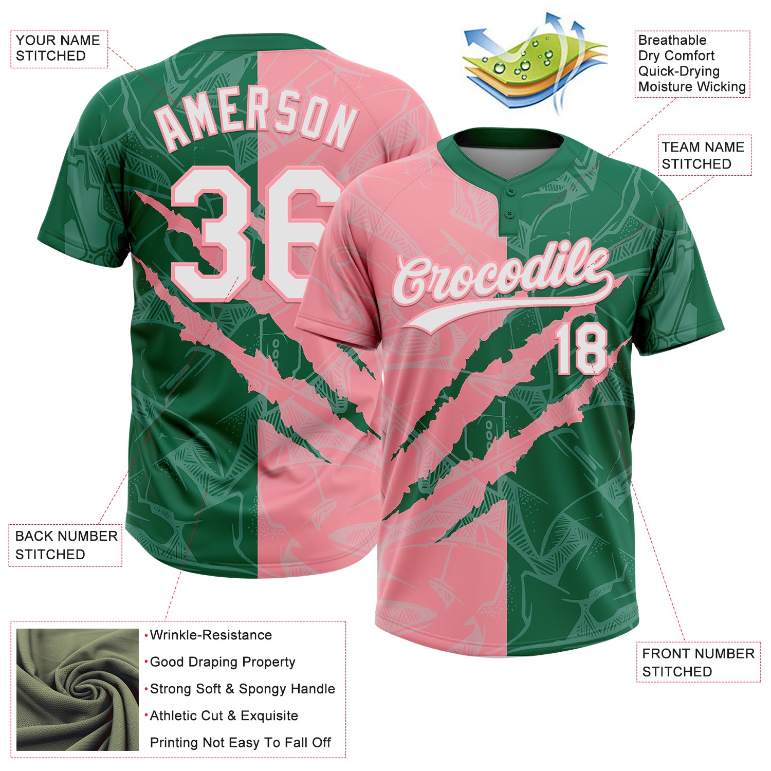 Custom Graffiti Pattern White Kelly Green-Medium Pink 3D Scratch Two-Button Unisex Softball Jersey