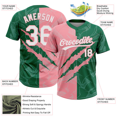 Custom Graffiti Pattern White Kelly Green-Medium Pink 3D Scratch Two-Button Unisex Softball Jersey