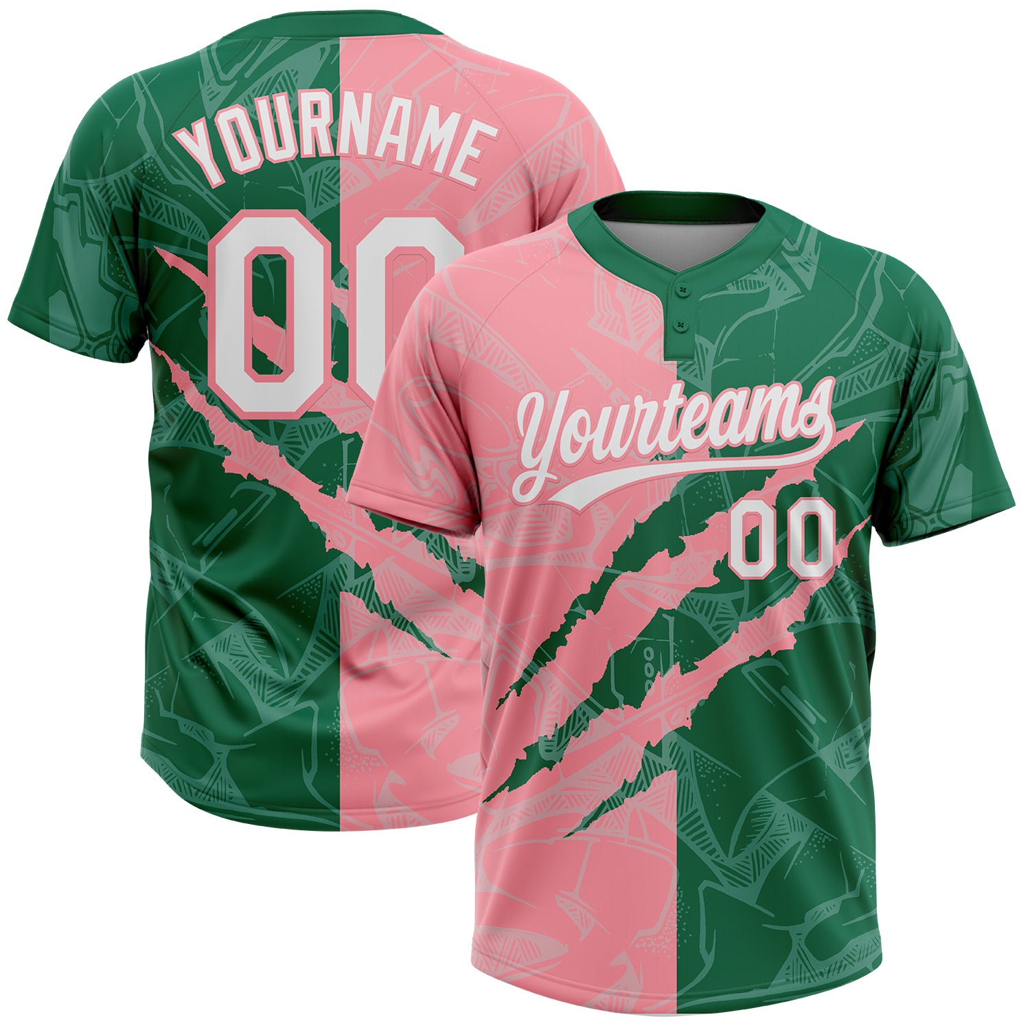 Custom Graffiti Pattern White Kelly Green-Medium Pink 3D Scratch Two-Button Unisex Softball Jersey