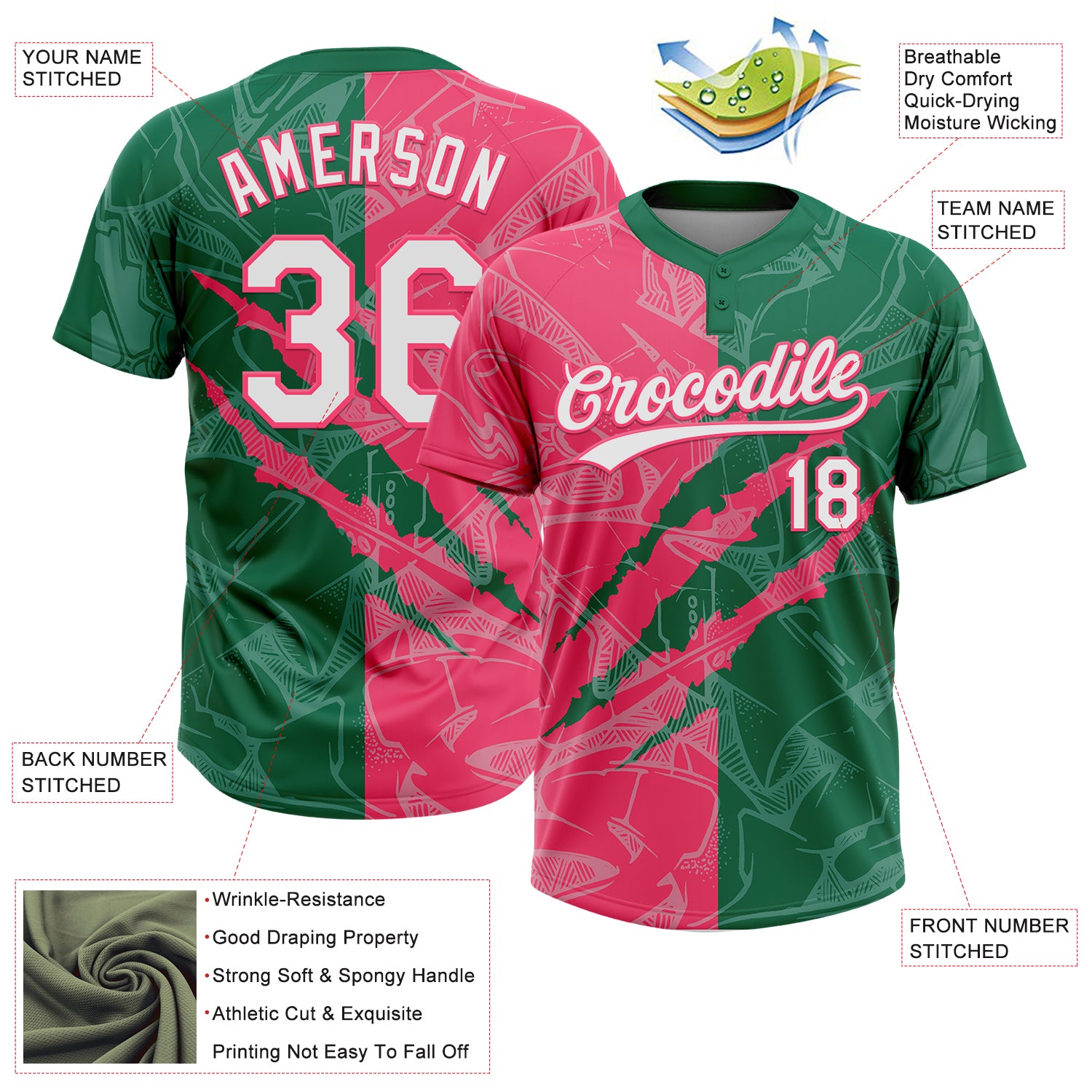 Custom Graffiti Pattern White Kelly Green-Neon Pink 3D Scratch Two-Button Unisex Softball Jersey