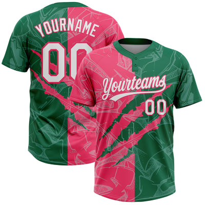Custom Graffiti Pattern White Kelly Green-Neon Pink 3D Scratch Two-Button Unisex Softball Jersey